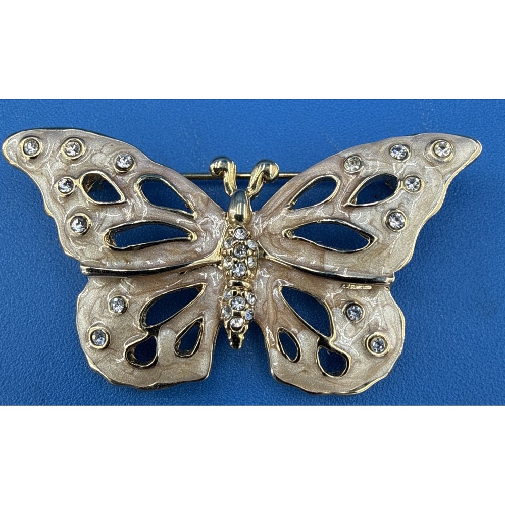 Gold Tone Butterfly Brooch Pin Rhinestone Cutout Wings Figural Jewelry Whimsical